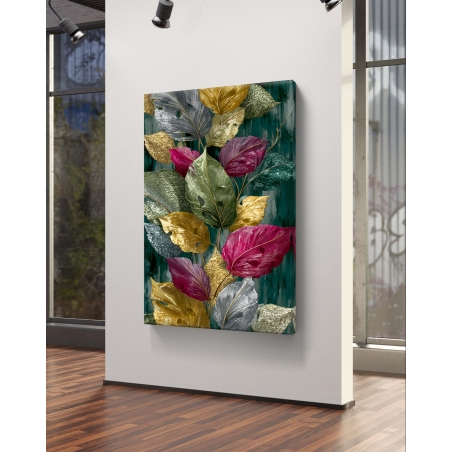 תמונת קנבס של עלים בגווני זהב, ירוק וארגמן בעיצוב אמנותי יוקרתי מבית תכשיט לבית