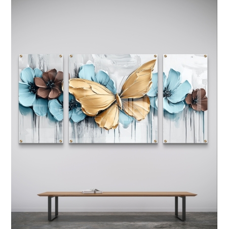 תמונת זכוכית מחולקת עם פרפר זהוב ופרחים בגווני תכלת וחום בעיצוב תלת-מימדי