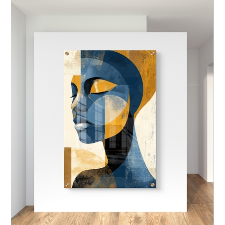 תמונת זכוכית מודרנית של פרופיל נשי מופשט בגווני כחול וזהב – תכשיט לבית