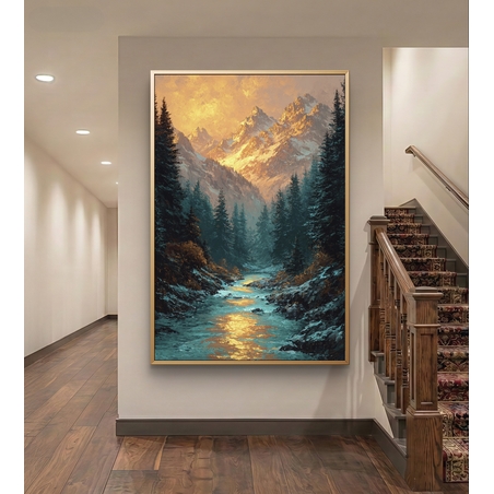 נהר זהוב בין ההרים – תמונת קנבס נוף הרים ויער בגווני כחול וזהב | DC4474