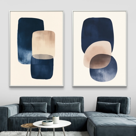 זוג תמונות קנבס בעיצוב אבסטרקטי עם שכבות של צורות עגולות בגווני כחול עמוק ובז' רך - יצירה מודרנית מבית 