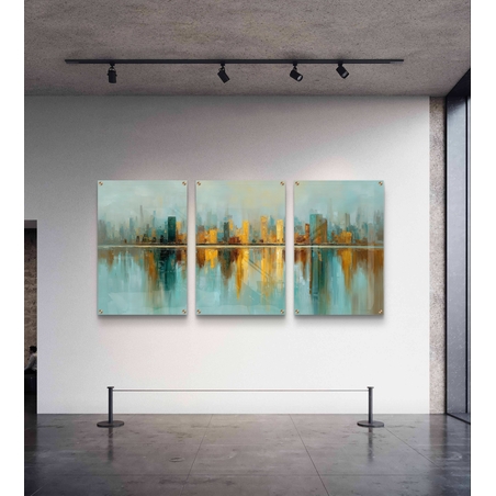 סט שלישייה של תמונות זכוכית אבסטרקטיות עם קו־רקיע עירוני בגווני תכלת וזהב והשתקפות מים