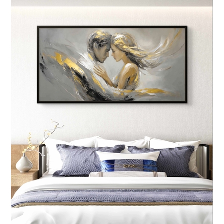 תמונת קנבס זוג רומנטי באפור וזהב עם תנועת מכחול רכה ונגיעות מטאליות