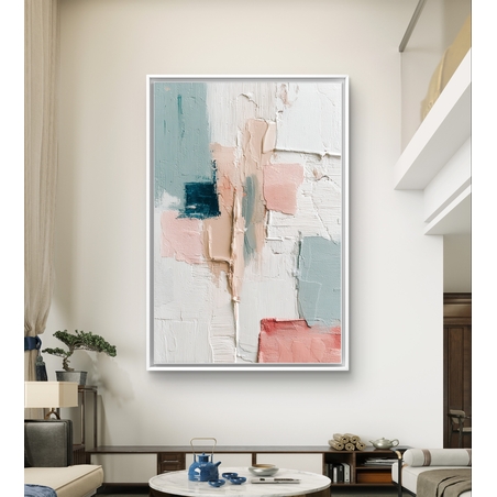 תמונת קנבס אבסטרקטית בגווני פודרה ותכלת עם מרקם עדין ועיצוב מודרני