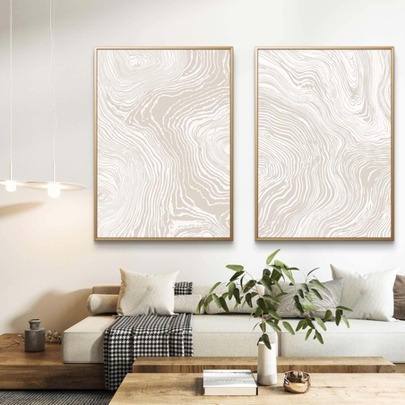 זוג תמונות קנבס עם קווים זורמים בגווני בז ושמנת