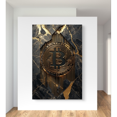 תמונת קנבס מרהיבה המציגה את סמל הביטקוין בתלת-ממד עם גימור מוזהב, על רקע שחור דרמטי עם אפקטים של שיש ונגיעות זהב, מוסיפה נופך טכנולוגי ויוקרתי לכל חלל.