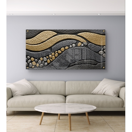תמונת זכוכית בעיצוב אבסטרקטי עם גלים וטקסטורות בזהב, כסף ושחור - יצירת אומנות יוקרתית מבית 