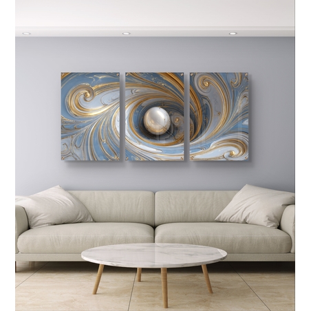 סט שלישייה של תמונות זכוכית אבסטרקטיות בגווני תכלת, לבן וזהב עם כדור מרכזי ועיצוב מודרני