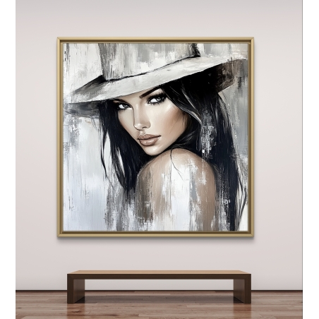 תמונת קנבס מרובעת של אישה עם שיער כהה וכובע בהיר, בציור מודרני בגוונים מונוכרומטיים.