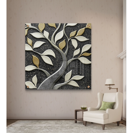 תמונת זכוכית מרובעת עם עיצוב עץ תלת-ממדי מרהיב בגווני זהב וכסף, המעניקה ייחודיות ואלגנטיות לכל חדר.