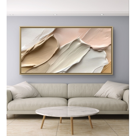 תמונת קנבס רוחבית עם משיחות צבע בגווני בז’, שמנת ורדרד ולבן בטכניקה מופשטת, על רקע ניטרלי – מהקולקציה של תכשיט לבית.