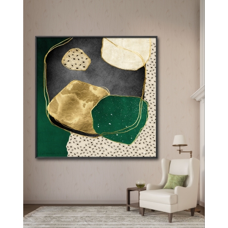 תמונת קנבס לסלון או למשרד מרובעת גיאומטרית מודרנית גוונים ירוק וזהב דגם - A65105