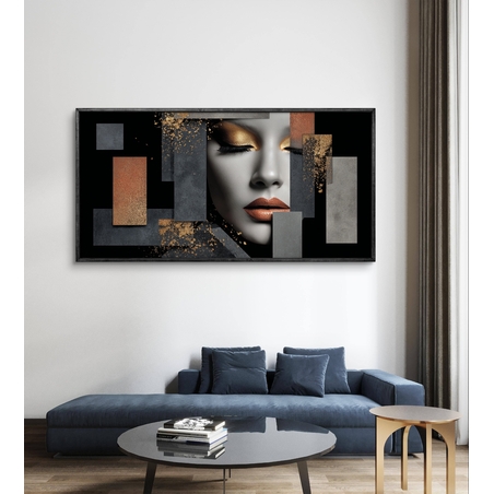 תמונת קנבס עם דיוקן נשי בשחור־אפור ואלמנטים גיאומטריים בגווני נחושת וזהב, בהדפסה חלקה ללא תבליט.