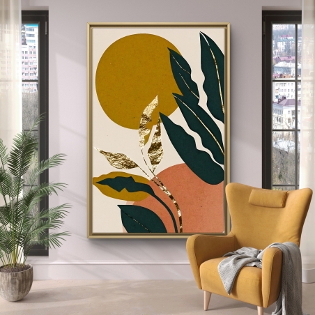 תמונת קנבס עם עלים בגווני ירוק כהה, זהב וטרקוטה, ועיגול צהוב ברקע, מתוך קולקציית תכשיט לבית