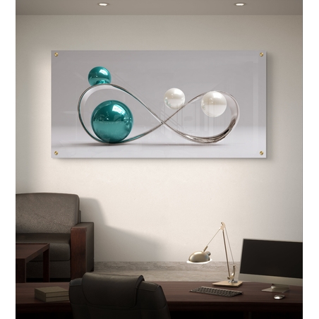 תמונת זכוכית בהדפסה חלקה עם עיצוב אינסוף מתכתי וכדורים מבריקים בגווני טורקיז ולבן, בסגנון מודרני ויוקרתי.