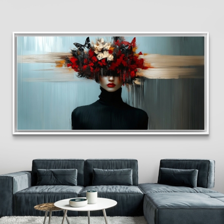 תמונת קנבס מרהיבה עם דמות נשית וכתר של פרחים אדומים ופרפרים על רקע מופשט בגווני תכלת וזהב.