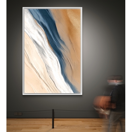 תמונת קנבס אבסטרקטית בגוונים של זהב, לבן וכחול כהה – עיצוב אלגנטי ומודרני מהקולקציה של תכשיט לבית.