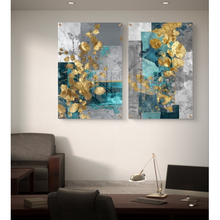 זוג תמונות זכוכית בעיצוב מודרני בגווני טורקיז, אפור וזהב עם עיטורי עלים מוזהבים – מתוך קולקציית תכשיט לבית