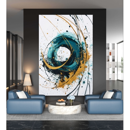 תמונת קנבס מודרנית בסגנון אבסטרקטי עם מעגלים בגווני טורקיז וזהב על רקע לבן, לעיצוב עוצמתי ומלא חיים בחלל הבית.