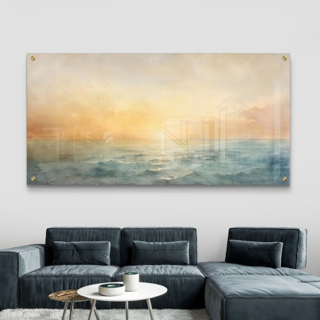 תמונת זכוכית לרוחב של שקיעה רכה מעל ים שליו, בגווני זהב ותכלת, אווירה רגועה ומודרנית.