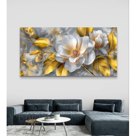 תמונת זכוכית לרוחב עם פרחים לבנים ועלי זהב בעיצוב תלת־ממדי יוקרתי מבית תכשיט לבית