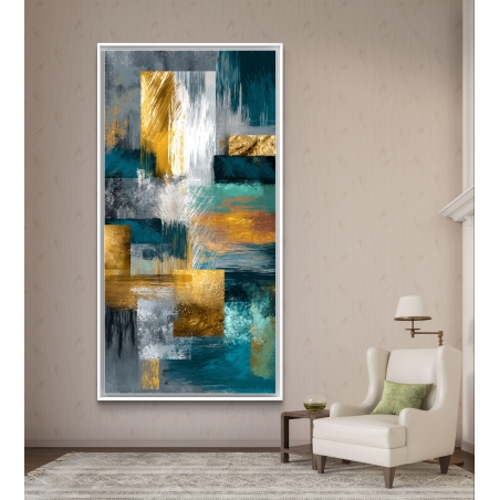 תמונת קנבס מופשטת לאורך בצבעי טורקיז, כחול, כסף וזהב עם טקסטורות מרהיבות – מבית תכשיט לבית.