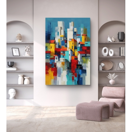תמונת קנבס של עיר צבעונית מופשטת בגווני אדום, כחול, צהוב וטורקיז בעיצוב מודרני מבית תכשיט לבית