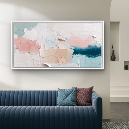 תמונת קנבס אבסטרקטית לרוחב עם טקסטורת משיחות צבע בגווני תכלת, ורוד ושמנת, מודפסת באיכות גבוהה וממוסגרת בזהב