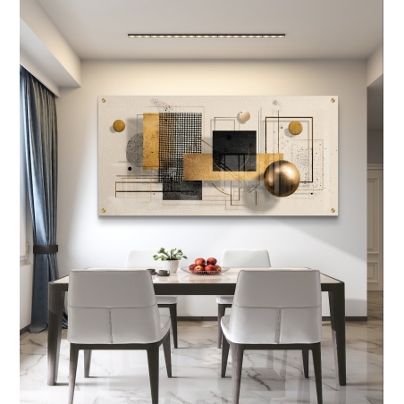 תמונת זכוכית יוקרתית בגווני זהב, שחור ובז' בעיצוב גאומטרי מודרני מבית תכשיט לבית