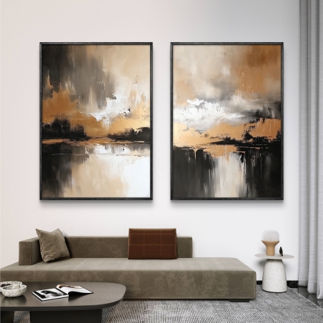 זוג תמונות קנבס בגווני זהב, נחושת, שמנת ושחור – יצירה מופשטת עם השתקפות, מודפסת על קנבס חלק במסגרת זהב.
