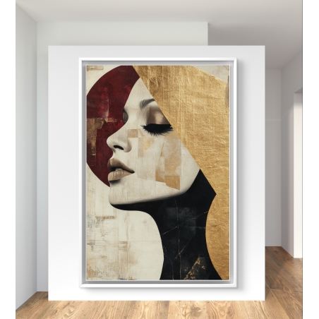 תמונת קנבס מרהיבה של אישה בעיצוב גיאומטרי מודרני עם שילובי זהב ואדום, המעניקה עומק ויוקרה לכל חלל.