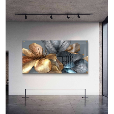 תמונת זכוכית רוחבית עם פרחים מטאליים בגווני זהב, נחושת וכסף – תכשיט לבית
