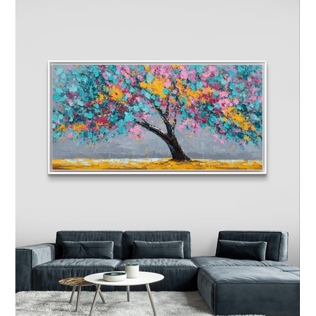 תמונת קנבס של עץ צבעוני עם פריחה בגווני טורקיז, ורוד וצהוב