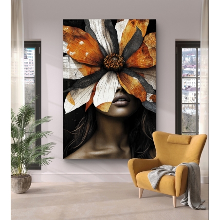 דיוקן נשי אמנותי עם פרח כתום-לבן גדול המכסה את הפנים, על רקע קנבס דרמטי לעיצוב ייחודי.