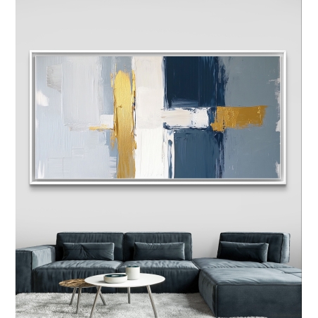 תמונת קנבס אבסטרקט לרוחב עם משיחות צבע בגווני כחול, לבן וזהב, בעיצוב מודרני ועשיר בטקסטורה.