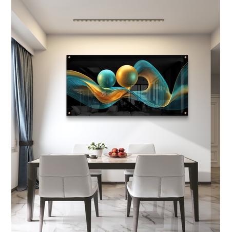 תמונת זכוכית לרוחב בעיצוב אבסטרקטי עם קווים גליים וכדורים בגווני טורקיז וזהב על רקע שחור, בהדפסה חלקה לעיצוב סלון מודרני ויוקרתי.