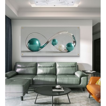 תמונת זכוכית לרוחב עם עיצוב אינסוף וכדורים בגווני טורקיז ושמנת