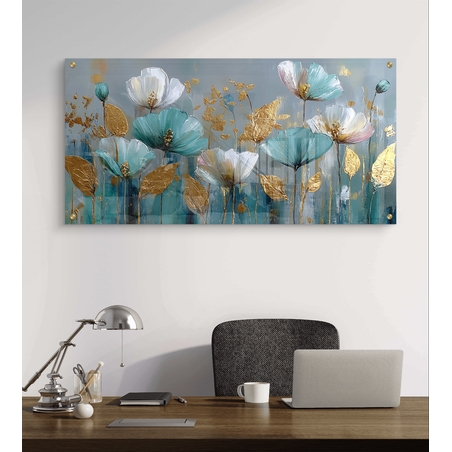 תמונת זכוכית לרוחב עם פרחים בגווני טורקיז ולבן ונגיעות זהב בעיצוב אלגנטי