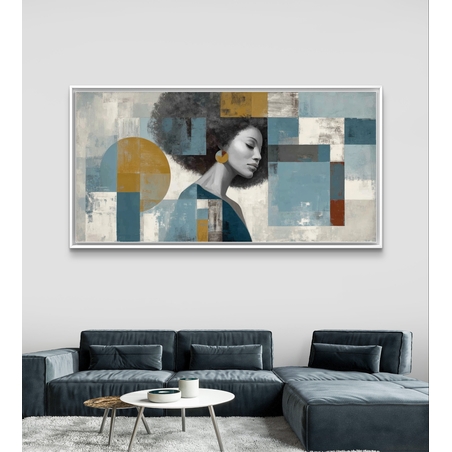 תמונת קנבס של דיוקן אישה עם רקע גיאומטרי בגווני כחול וזהב