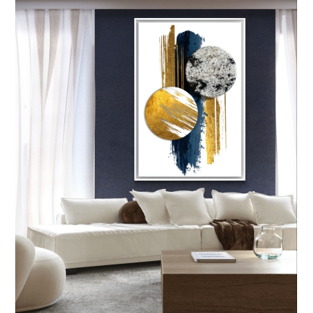תמונת קנבס גאומטרית בגווני זהב, כחול ואפור במראה יוקרתי ומודרני מבית תכשיט לבית