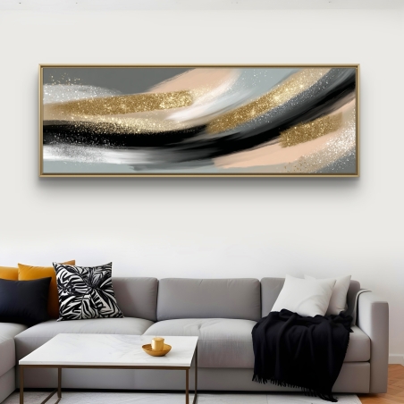 תמונת קנבס, תמונה פנורמית, תמונה לסלון, עיצוב מודרני, אמנות מופשטת, זהב ושחור, תכשיט לבית, תמונות יוקרתיות, קנבס איכותי, עיצוב קירות, תמונות לבית