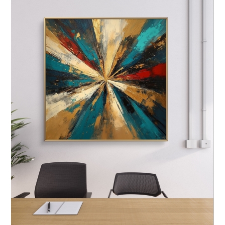 תמונת קנבס מרובעת בסגנון אבסטרקטי, המציגה התפרצות צבעונית בגווני טורקיז, אדום וזהב, לעיצוב מרשים ומלא חיים.