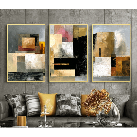 שלישיית תמונות קנבס בגוונים שחור, זהב, אפור ולבן עם צורות גאומטריות מופשטות – תכשיט לבית