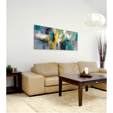 תמונת זכוכית פנורמית בעיצוב אבסטרקטי צבעוני בגווני טורקיז, זהב ושחור עם תחושת התפרצות וזרימה