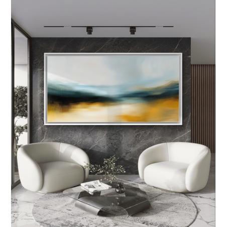 תמונת קנבס לרוחב עם נגיעות אבסטרקטיות בגווני תכלת, שחור, לבן וזהב, יוצרת תחושת עומק ורוגע לחלל.