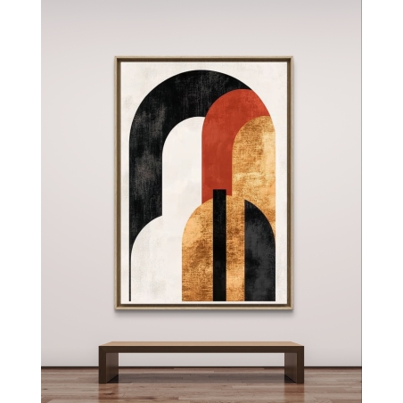 תמונת קנבס גאומטרית עם קשתות בצבעים שחור, כתום וזהב, בסגנון מודרני ומרשים לעיצוב הבית.
