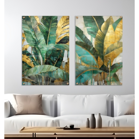 זוג תמונות זכוכית עלים טרופים בהדפסה ישירה על זכוכית דגם 160756