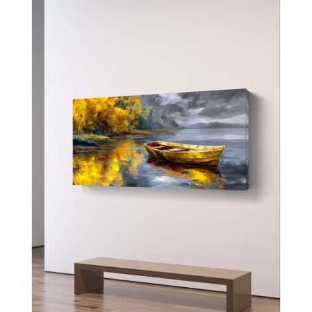תמונת קנבס של סירה זהובה על פני אגם שקט עם עצים בצבעי שלכת – יצירה שלווה עם נגיעה אומנותית