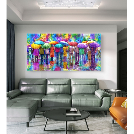 תמונת זכוכית לרוחב עם אנשים תחת מטריות צבעוניות המשתקפים במים – תכשיט לבית