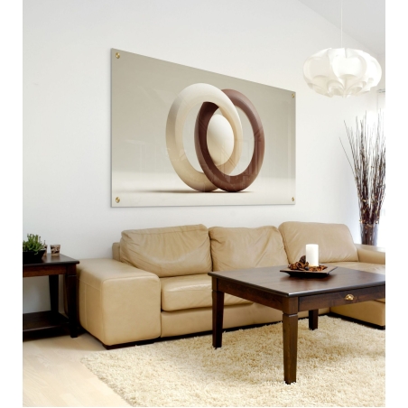 תמונת זכוכית מודרנית לרוחב עם שתי טבעות שלובות בגווני בז’ ושוקולד, מבית תכשיט לבית